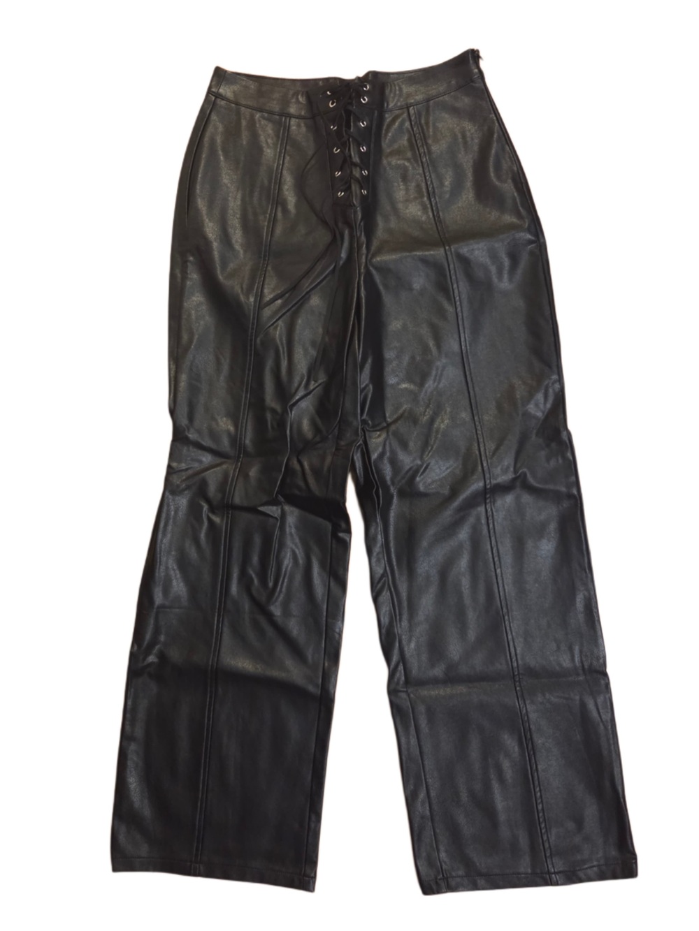 Lane 201 Corset Tie Waist Black Wide-Leg Vegan Leather Pants with Front Lace-Up